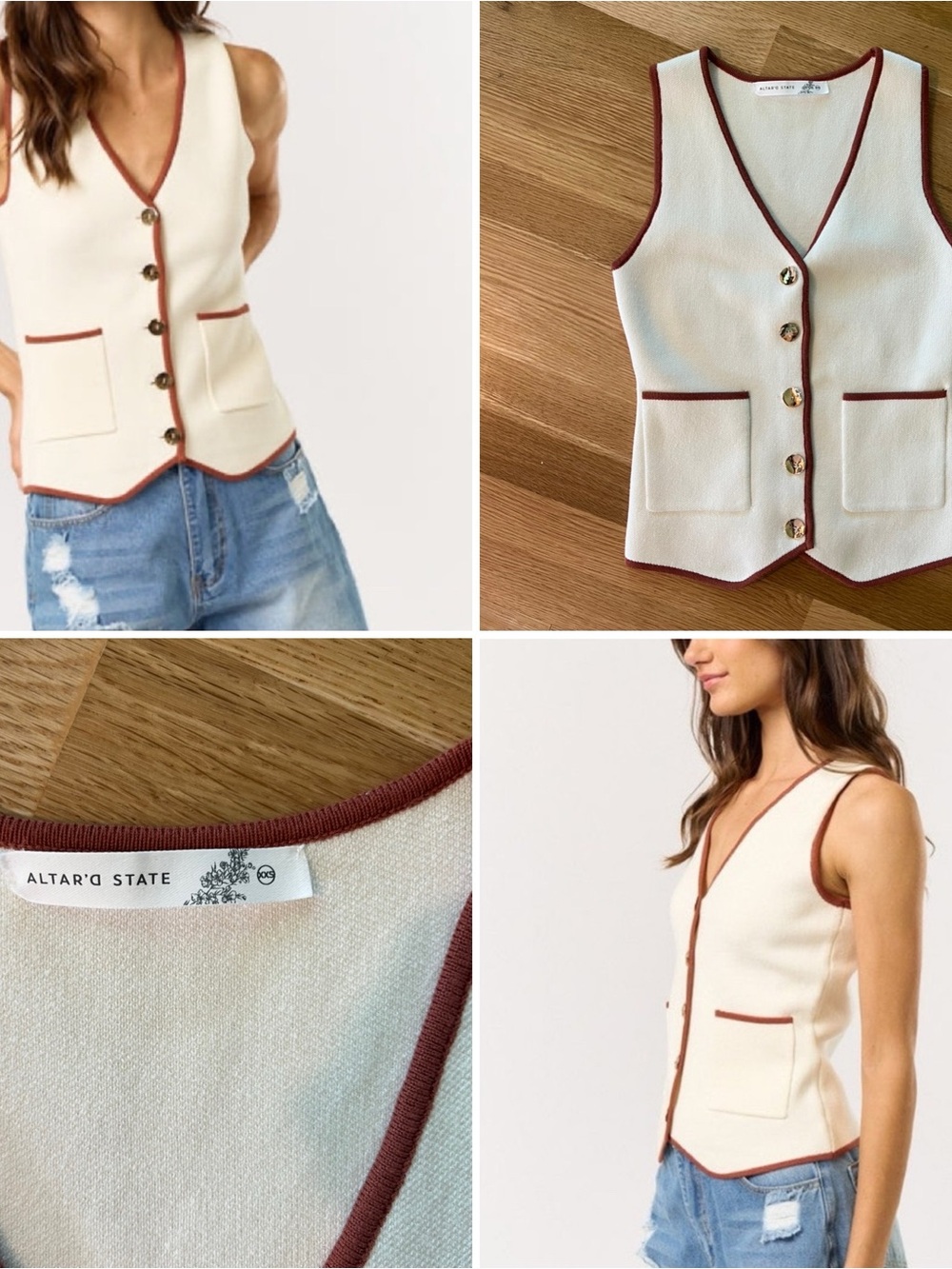 Altar’d State Phoebe Sweater Vest Cream Rust Trim Gold Buttons XXS